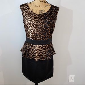 Reign On Black Brown Peplum Sleeveless Cheetah Dress Open Back Cutout Size 15/16